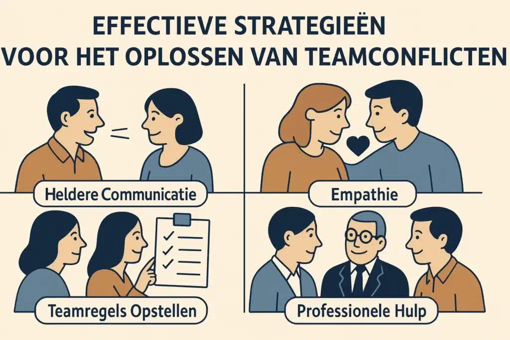 Infographic met strategieën om teamconflict op te lossen en samenwerking te verbeteren